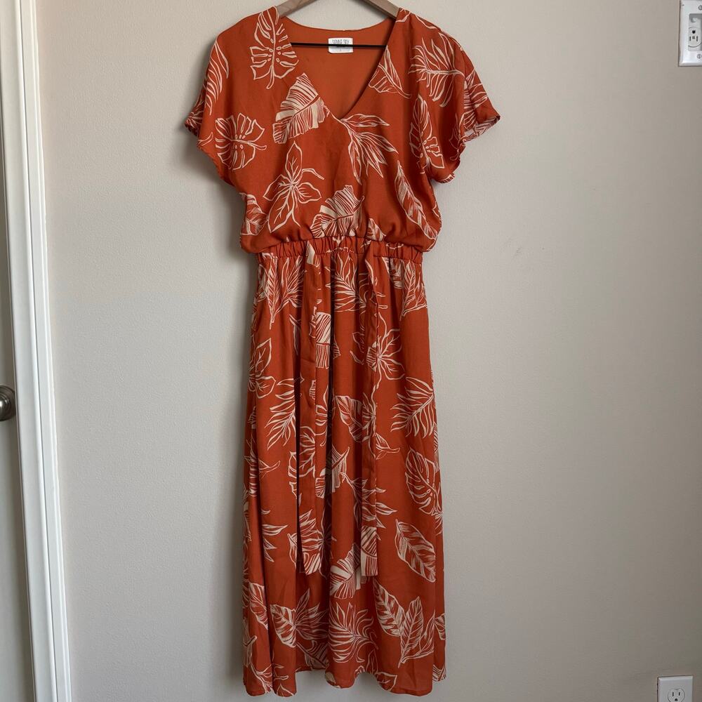 Sienna Sky Womens Rust Orange Tropical V-Neck Midi Wrap Dress Size Small Floral